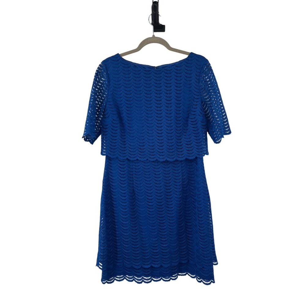 American Living Blue Lace Overlay Dress Women’s 14 Used Lined Short Sleeve - Picture 2 of 14